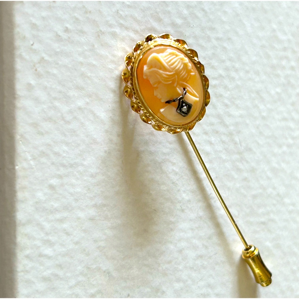 VTG 14k Cameo Stick Pin w/Diamond Necklace